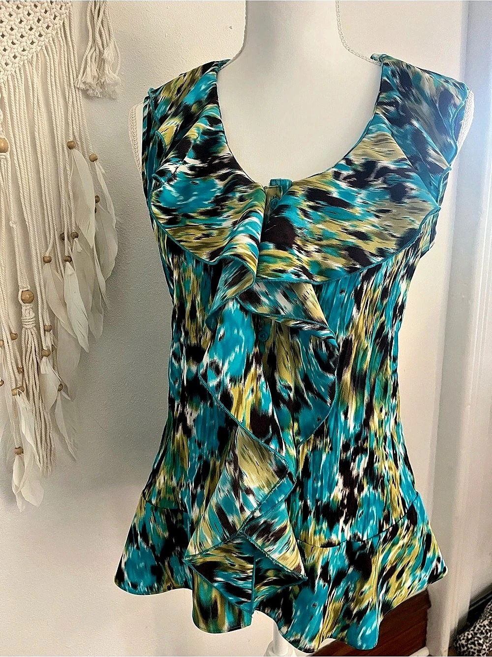 christopher & banks Boho Abstract Ruffle Blouse in Blue & Green Small Like New